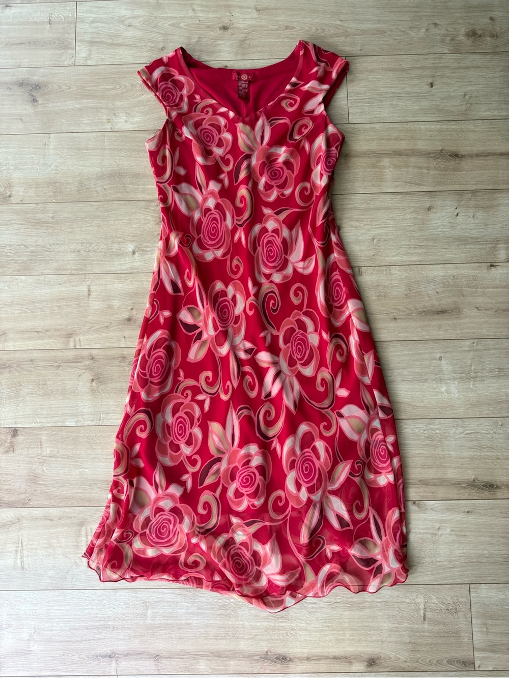 Vintage Sangria Pink Floral Midi Dress Y2K Sheer Overlay Cottagecore 12